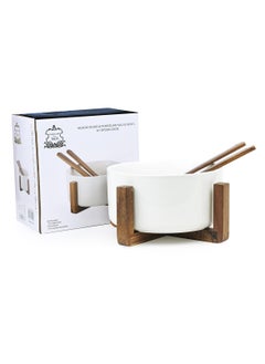Shallow Shallow Acacia Wood Porcelain Salad Bowl with Spoon, 20cm, Dinner Bowls, White & Brown  - Image 2