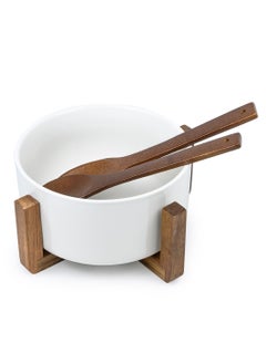 Shallow Shallow Acacia Wood Porcelain Salad Bowl with Spoon, 20cm, Dinner Bowls, White & Brown  - Image 4