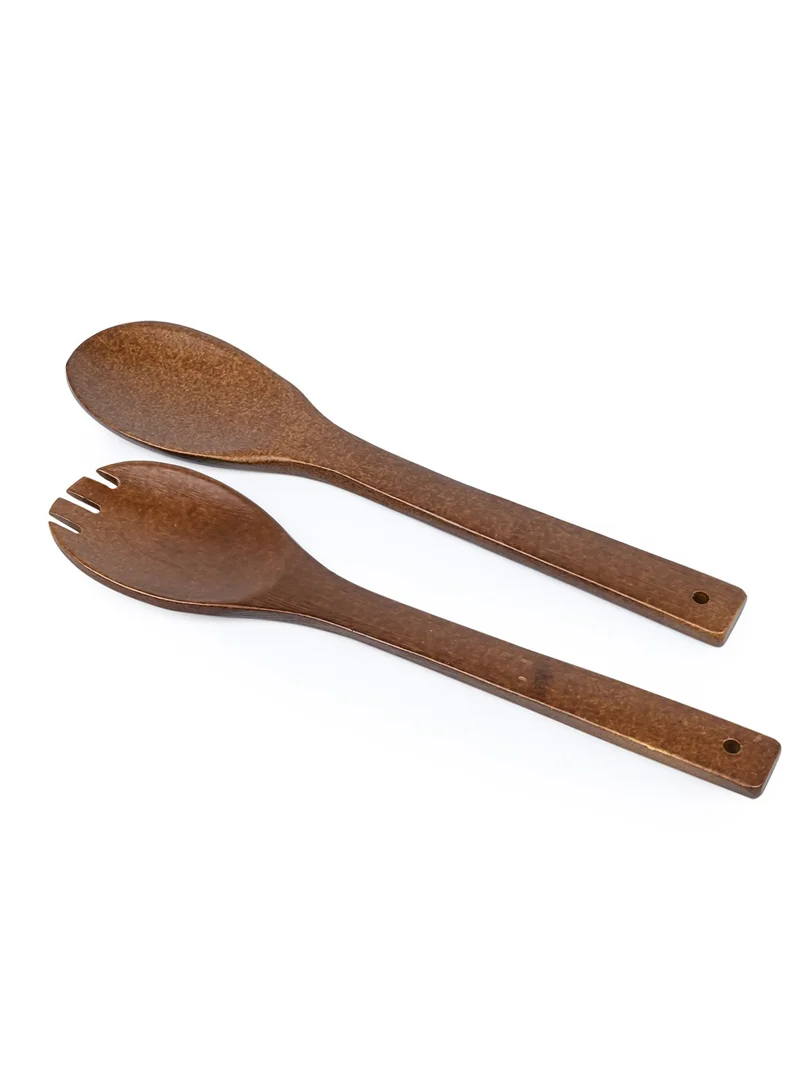 Shallow Shallow Acacia Wood Porcelain Salad Bowl with Spoon, 20cm, Dinner Bowls, White & Brown