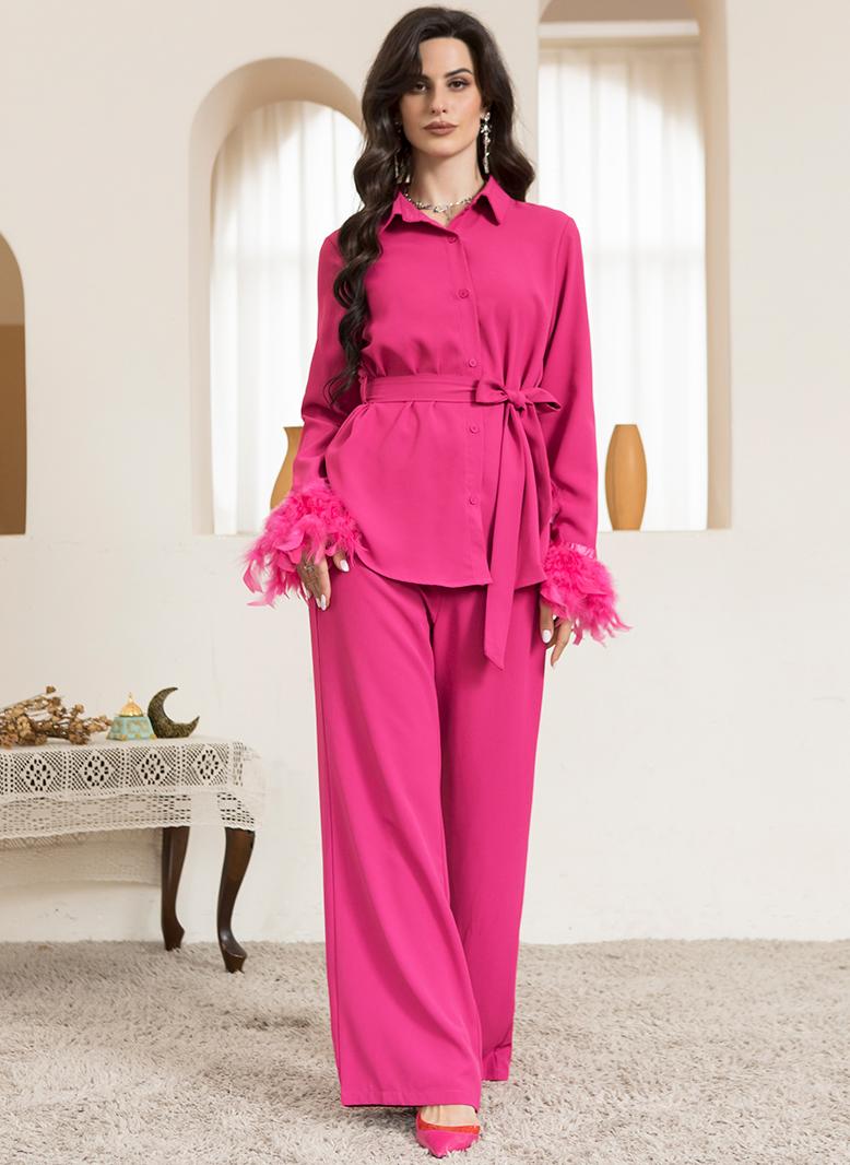 FridayIn Sweet Suit collar Solid color Splicing pattern Feather Buttons Shirt sleeve Pants Suits Rose red - Image 5