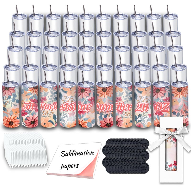 50 Pack Sublimation Tumblers 20 oz Skinny bulkStainless Steel Double Wall Insulated Straight Sublimation Tumbler Cups Blank White with LidIndividually BoxPolymer Coating for Heat Transfer
