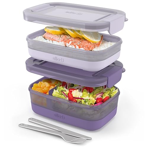 Ello 2-Pack Bento Box Lunch Stack Plastic Food Storage Container | Leak-Proof Locking Plastic Lids | Silicone Base | BPA-Free | Freezer Microwave and Dishwasher Safe | Wisteria - Image 1