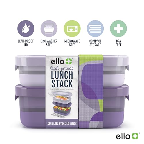 Ello 2-Pack Bento Box Lunch Stack Plastic Food Storage Container | Leak-Proof Locking Plastic Lids | Silicone Base | BPA-Free | Freezer Microwave and Dishwasher Safe | Wisteria - Image 3