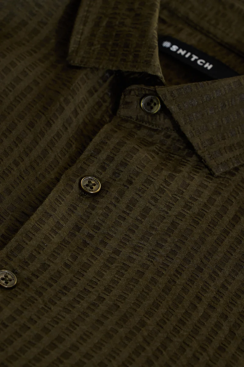 SNITCH Rich Olive Green Textured Long Sleeve Slim Fit Shirt