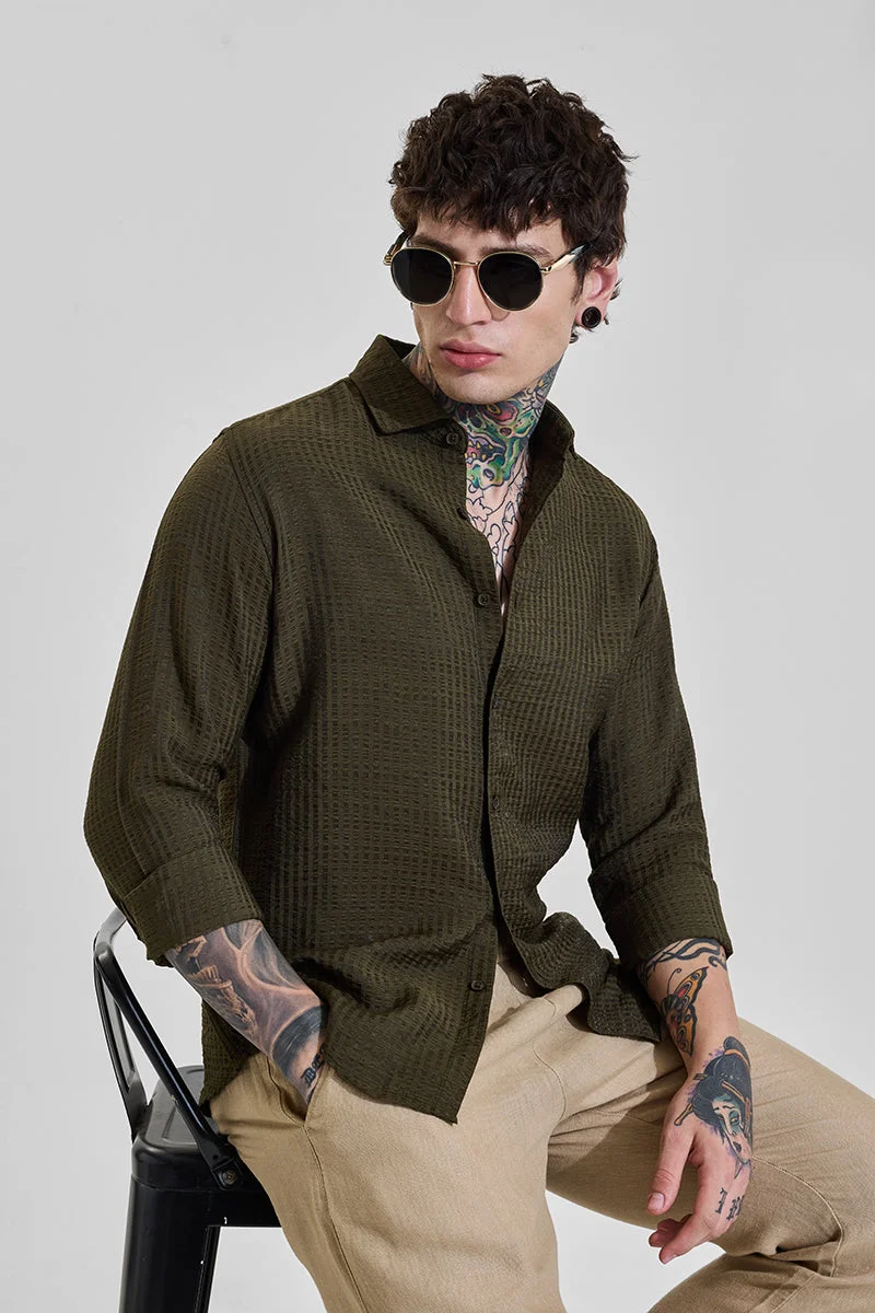 SNITCH Rich Olive Green Textured Long Sleeve Slim Fit Shirt