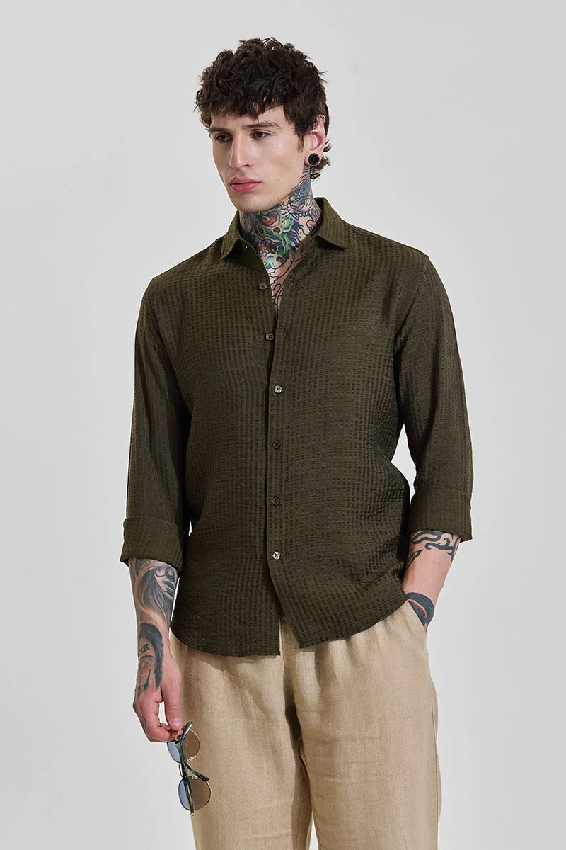 SNITCH Rich Olive Green Textured Long Sleeve Slim Fit Shirt