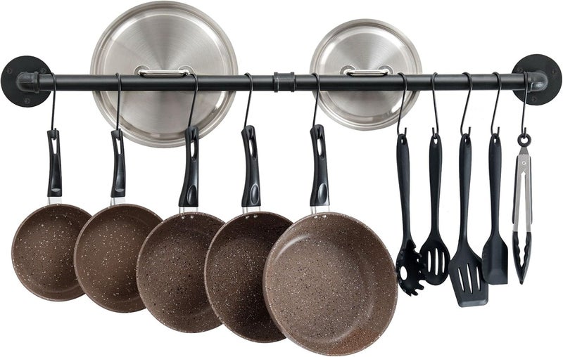OROPY 38 inch Pot Bar Rack Wall Mounted Detachable Pans Hanging Rail Kitchen Lids Utensils Hanger with 14 S Hooks Black - Image 1