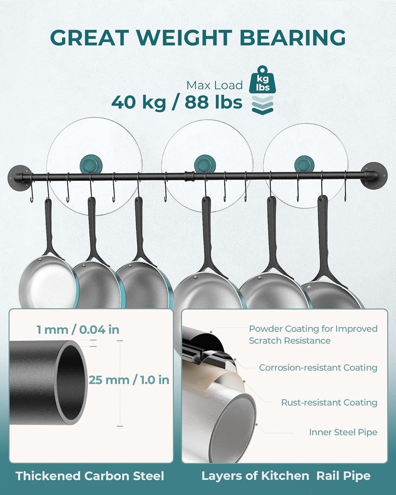 OROPY 38 inch Pot Bar Rack Wall Mounted Detachable Pans Hanging Rail Kitchen Lids Utensils Hanger with 14 S Hooks Black - Image 5