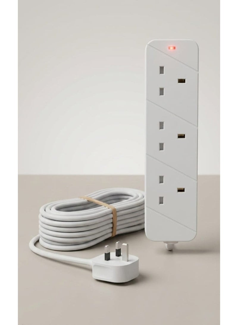 STAR LINE 3-Socket Extension Lead, 10 Meter Heavy Duty Cable, UK 3-Pin Plug with LED Indicator, White - Image 1