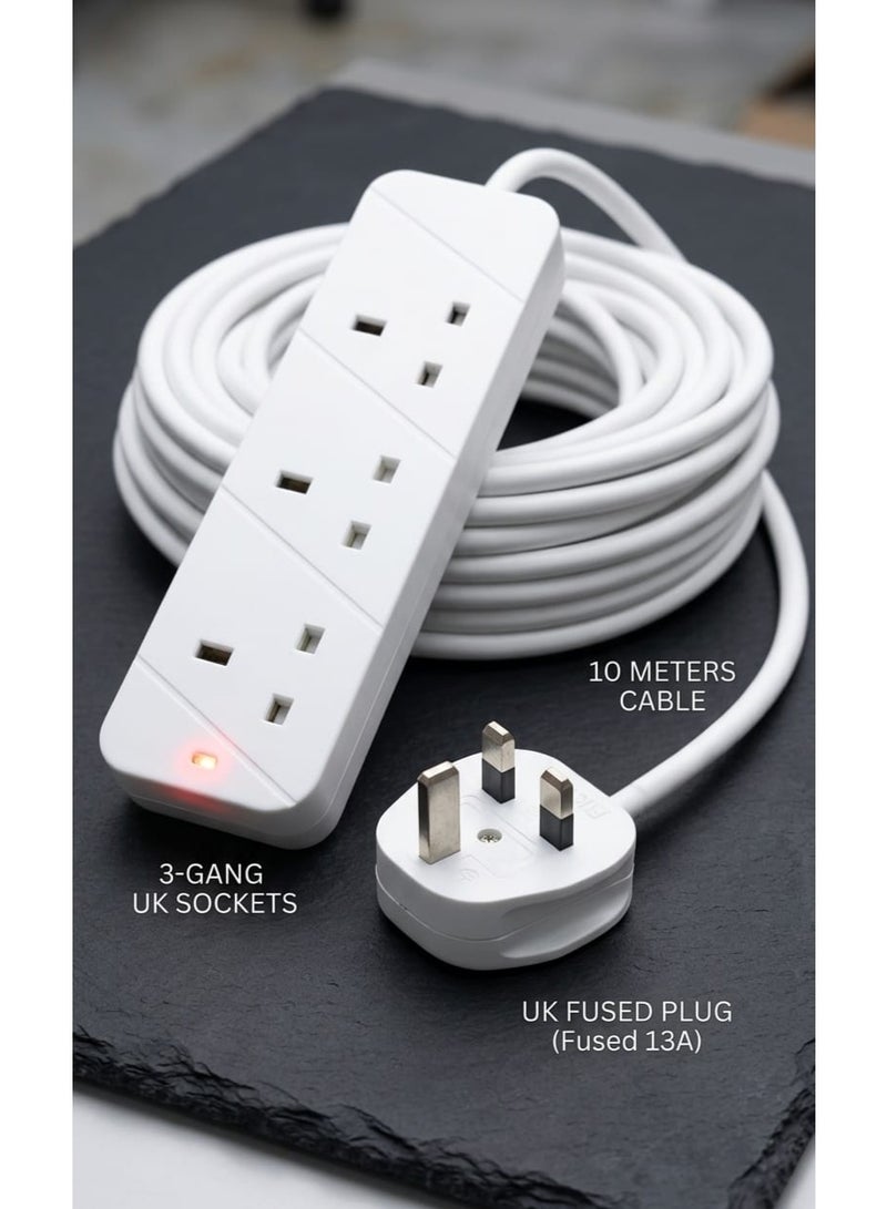 STAR LINE 3-Socket Extension Lead, 10 Meter Heavy Duty Cable, UK 3-Pin Plug with LED Indicator, White - Image 2