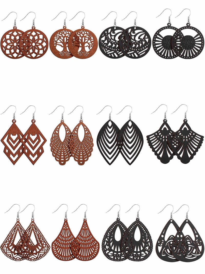 MTLEE 12 Pairs African Wooden Dangle Earrings Lightweight Drop Earrings Bohemian Pendant Jewelry Wooden Ornaments(Stylish Style,Black, Brown) - Image 1
