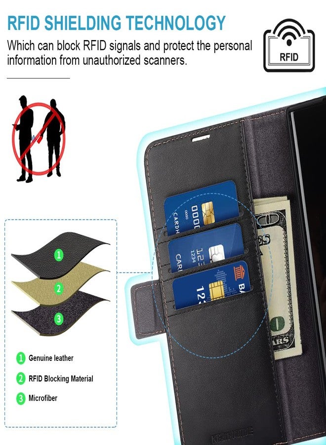 كيزي هوم جراب KEZiHOME لهاتف Galaxy S22 Ultra، مصنوع من الجلد الطبيعي [حجب RFID] جراب محفظة بفتحة للبطاقات وغطاء هاتف قابل للطي مع حامل مغناطيسي متوافق مع Samsung Galaxy S22 Ultra (2022) (أسود/بني) - Image 3