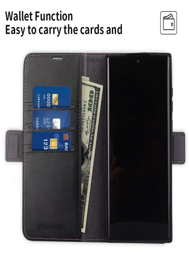 كيزي هوم جراب KEZiHOME لهاتف Galaxy S22 Ultra، مصنوع من الجلد الطبيعي [حجب RFID] جراب محفظة بفتحة للبطاقات وغطاء هاتف قابل للطي مع حامل مغناطيسي متوافق مع Samsung Galaxy S22 Ultra (2022) (أسود/بني) - Image 4