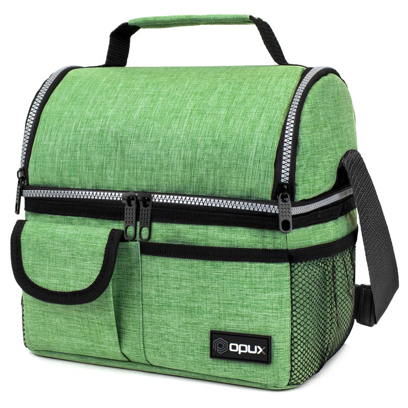 opux Lunch Box for Men Adult Lunch Box Cooler Insulated Lunch Bag Women Dual Compartment Lunchbox for Work Leakproof Double Decker Lunch Bag Soft Lunch Pail Tote Boys Girls Kids School Green