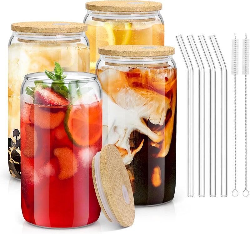 Sungwoo 4PCS Glass Cups with Bamboo Lids and Straws, 16OZ Ice Coffee Cup, Drinking Cup set with Wooden Lids, Home Essential Glass Tumblers for Beer, Cocktail, Tea and Latte Clear - Image 1