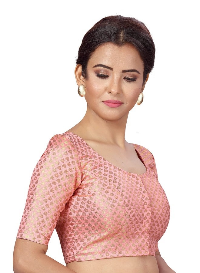 استوديو شرينجار بلوزة ساري جاهزة من قماش البروكار من ستوديو شرينجار للنساء بأكمام تصل إلى المرفق (2157-وردي فاتح، 36) - Image 3