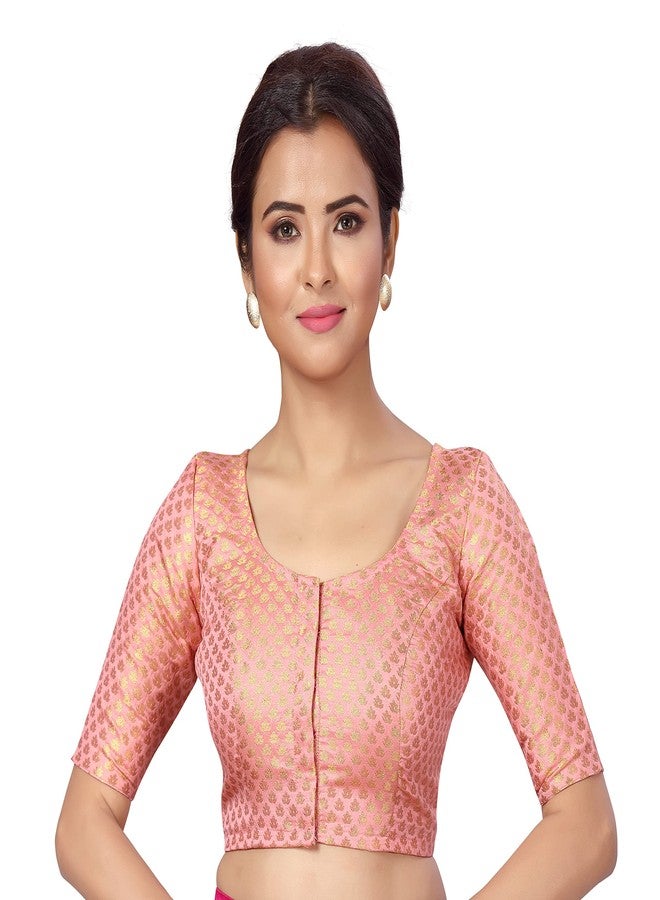 استوديو شرينجار بلوزة ساري جاهزة من قماش البروكار من ستوديو شرينجار للنساء بأكمام تصل إلى المرفق (2157-وردي فاتح، 36) - Image 1