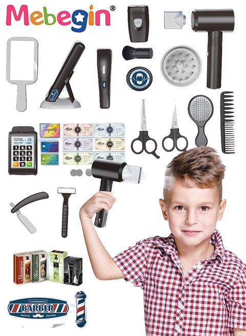 مجموعة ألعاب تظاهرية مكونة من 25 قطعة لصالون الحلاقة للأولاد، مجموعة ألعاب صالون تجميل تصفيف الشعر مع مجفف شعر واقعي، ومرآة، ومقص، وإكسسوارات تصفيف الشعر، ومجموعة حلاقة للأطفال الصغار ومجموعة ألعاب تصفيف الشعر، هدية عيد ميلاد