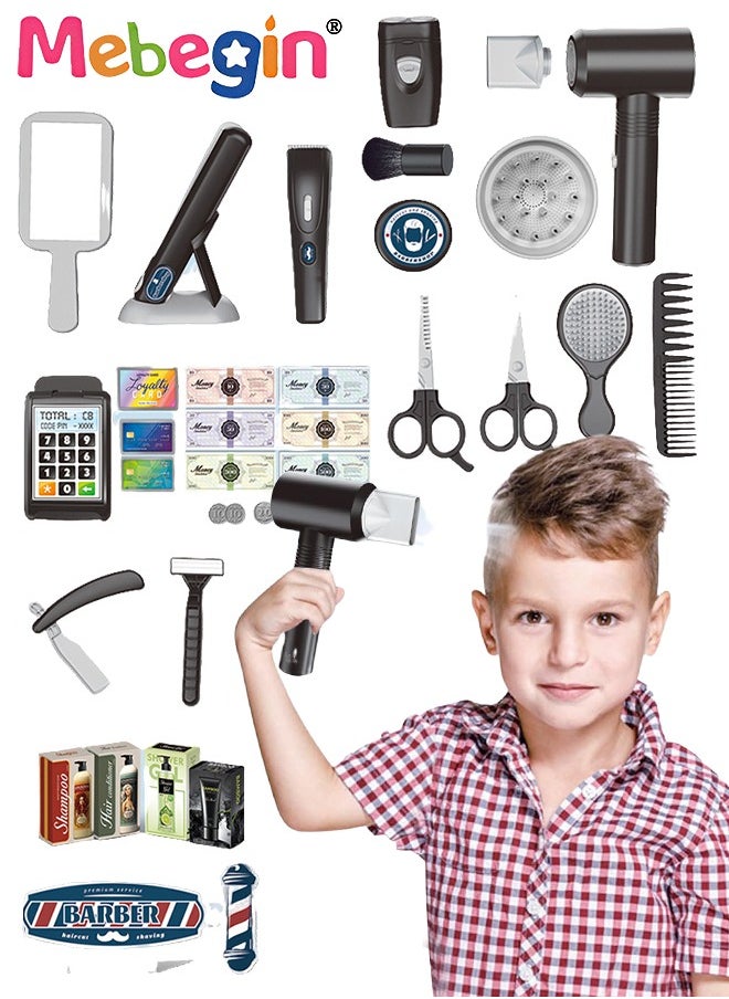 MEBEGIN - 25 Pcs Barber Shop Pretend Play Set Shaving Toy for Boys, Beauty Hair Salon Toy Kit with Realistic Hairdryer,Mirror, Scissors Styling Accessories,Toddler Shaving Kit and Styling Toy Set  Birthday Gift - Image 1