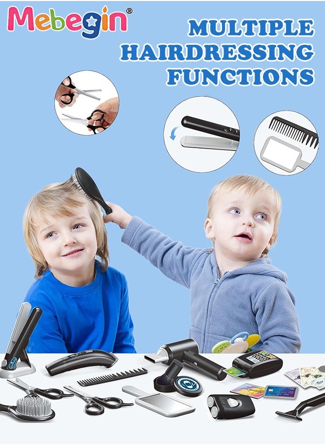 MEBEGIN - 25 Pcs Barber Shop Pretend Play Set Shaving Toy for Boys, Beauty Hair Salon Toy Kit with Realistic Hairdryer,Mirror, Scissors Styling Accessories,Toddler Shaving Kit and Styling Toy Set  Birthday Gift - Image 1
