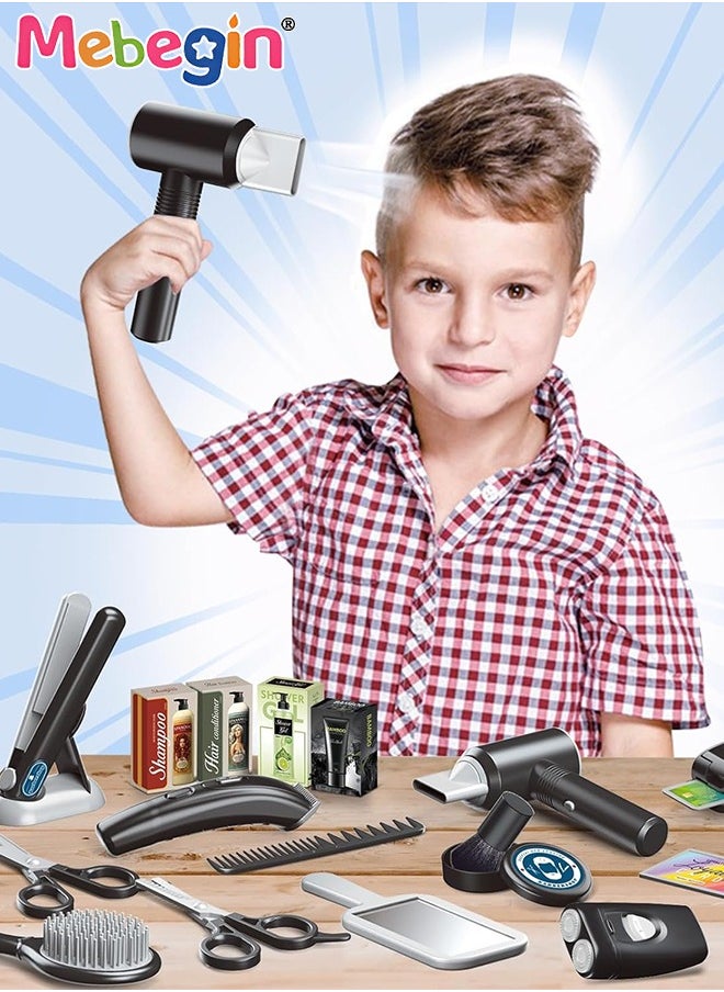 MEBEGIN - 25 Pcs Barber Shop Pretend Play Set Shaving Toy for Boys, Beauty Hair Salon Toy Kit with Realistic Hairdryer,Mirror, Scissors Styling Accessories,Toddler Shaving Kit and Styling Toy Set  Birthday Gift - Image 1