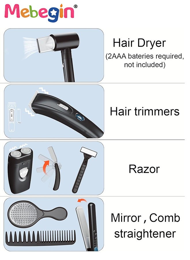 MEBEGIN - 25 Pcs Barber Shop Pretend Play Set Shaving Toy for Boys, Beauty Hair Salon Toy Kit with Realistic Hairdryer,Mirror, Scissors Styling Accessories,Toddler Shaving Kit and Styling Toy Set  Birthday Gift - Image 1