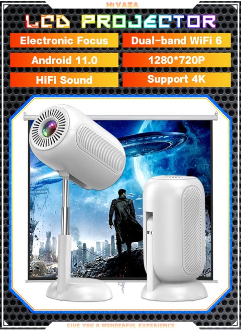 LCD Projector with Bracket - Support HD 1080P/2K/4K - Support 120 Inches - Smart Projector with Dual-band Wifi 6 and Bluetooth - Android 11 - Portable Mobile Home Theater - Suitable for Games, Office, Movies