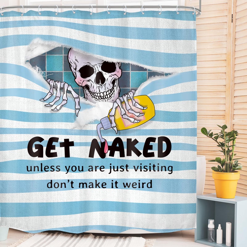 Mitpok Funny Skull Skeleton Shower Curtain Gothic Cool Get Naked Spooky Fun Bone Unique Hilarious Blue Scary Horror Men Kids 60Wx72H Bathroom Decor Modern Bath Curtain Fabric Polyester 12 Pack Hooks - Image 1
