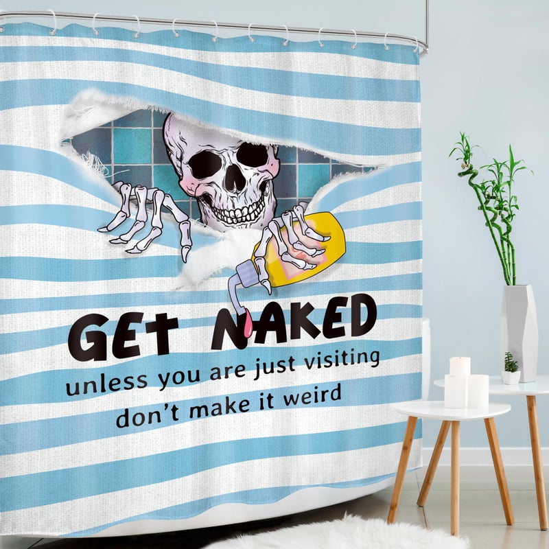 Mitpok Funny Skull Skeleton Shower Curtain Gothic Cool Get Naked Spooky Fun Bone Unique Hilarious Blue Scary Horror Men Kids 60Wx72H Bathroom Decor Modern Bath Curtain Fabric Polyester 12 Pack Hooks - Image 3