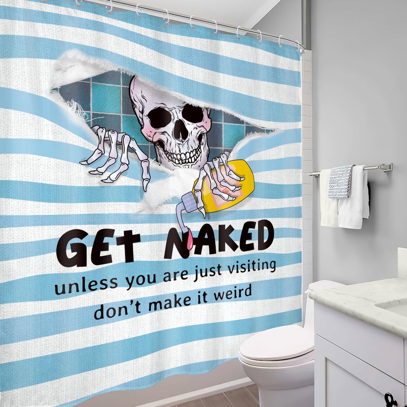 Mitpok Funny Skull Skeleton Shower Curtain Gothic Cool Get Naked Spooky Fun Bone Unique Hilarious Blue Scary Horror Men Kids 60Wx72H Bathroom Decor Modern Bath Curtain Fabric Polyester 12 Pack Hooks - Image 4