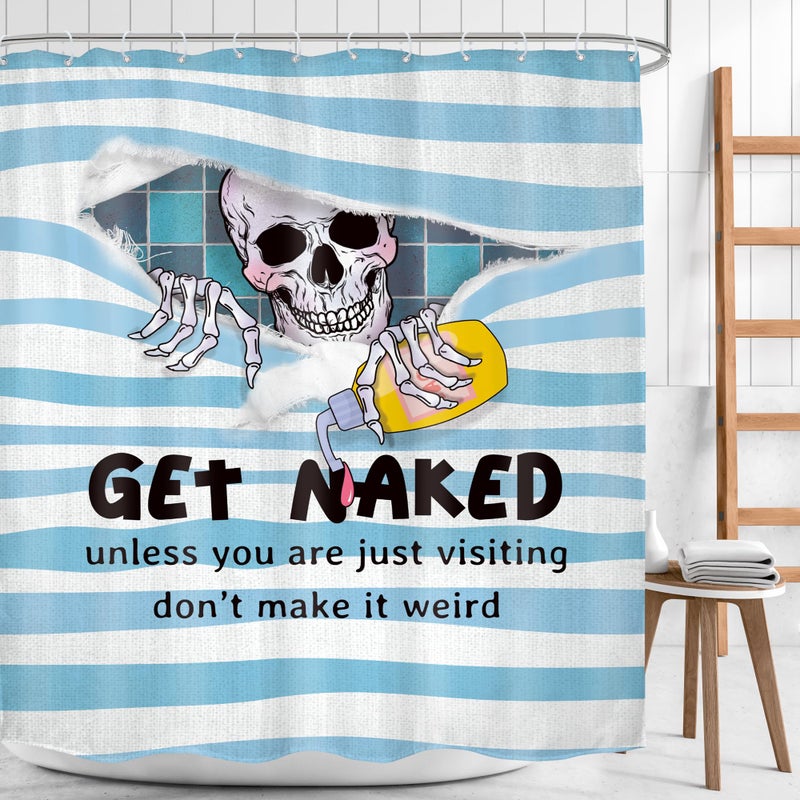 Mitpok Funny Skull Skeleton Shower Curtain Gothic Cool Get Naked Spooky Fun Bone Unique Hilarious Blue Scary Horror Men Kids 60Wx72H Bathroom Decor Modern Bath Curtain Fabric Polyester 12 Pack Hooks - Image 2