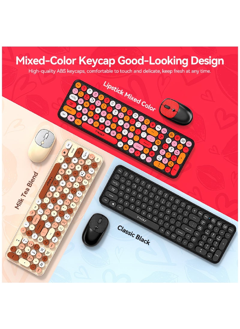 Wireless Keyboard and Mouse 2.4G Keyboard Wireless With Colorful 105 Keys Typewriter Retro Round Keycap For PC Laptop Tablet Computer Windows Black