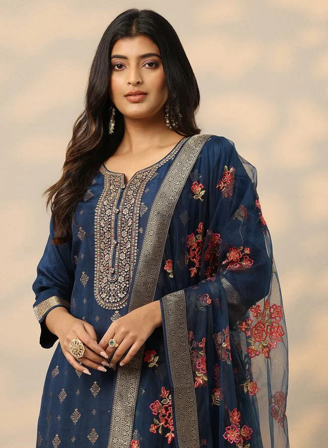 Libas Printed Silk Blend Straight Kurta, Trousers And Dupatta Set