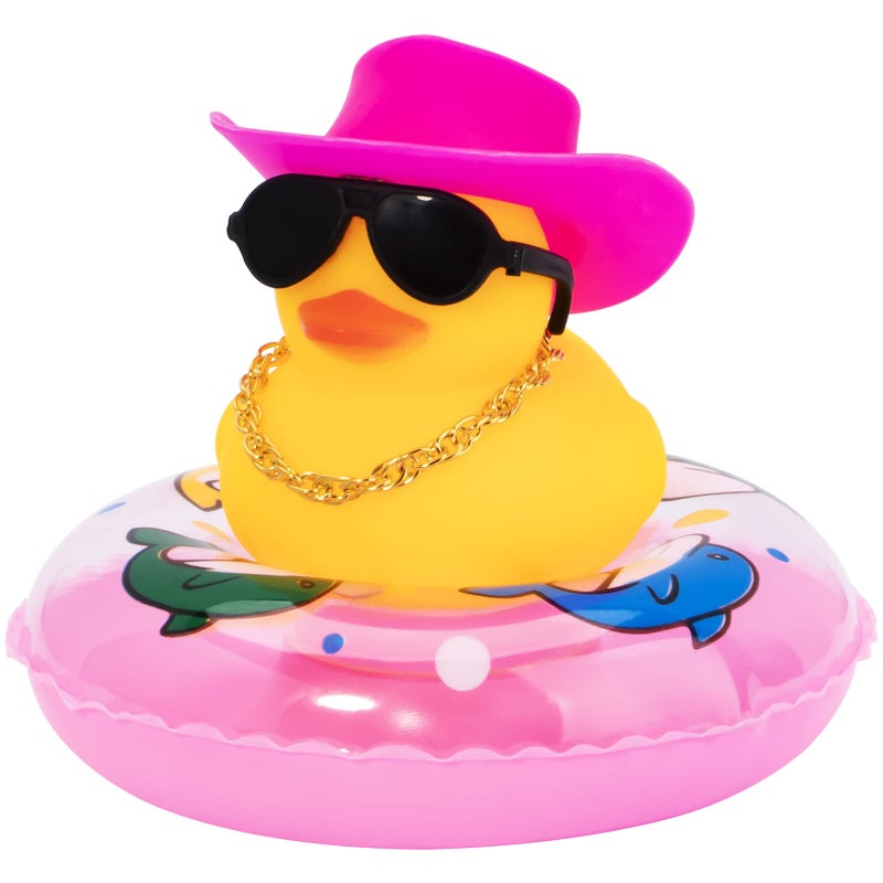 زينة سيارة بطة وونيو مع قبعة شمسية صغيرة وحلقة سباحة وقلادة ونظارات شمسية