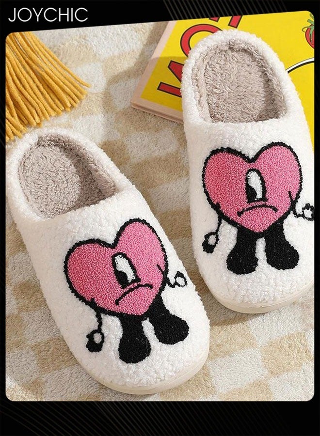 Joychic Women Lovely Cartoon Embroidery Warm Indoor Bedroom Slides Autumn and Winter Flat Household Slippers with Love Pattern White+Pink  - Image 4