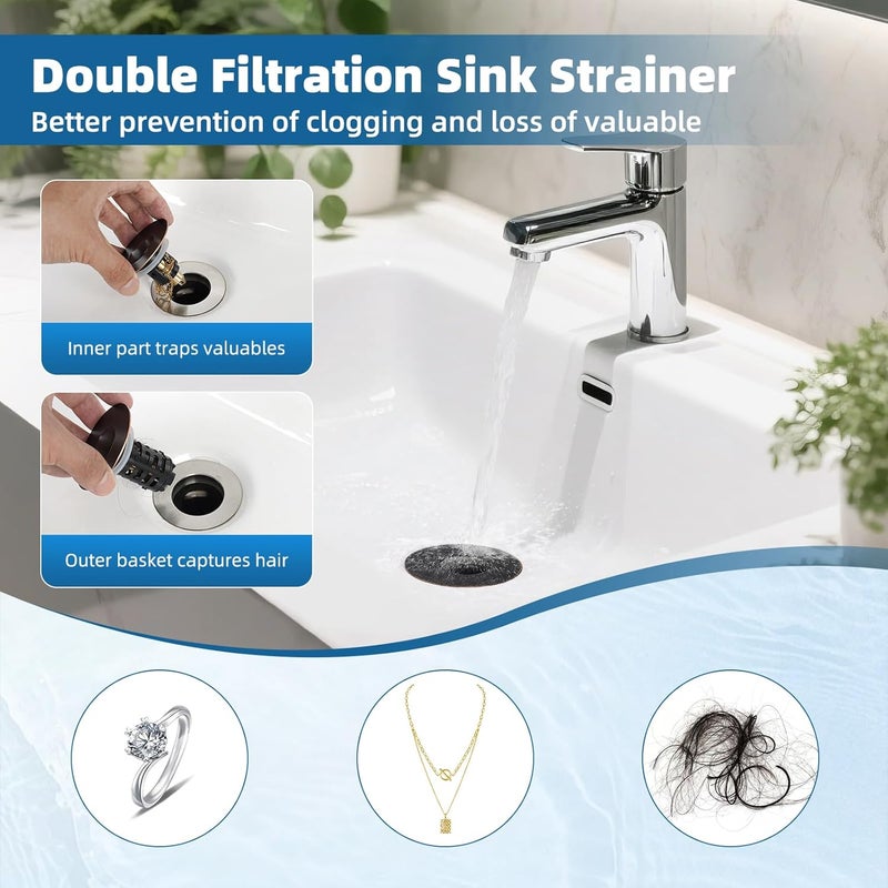 iFealClear Upgraded 4-in-1 Bathroom Sink Drain Strainer, Universal Pop Up Sink Stopper with 2-Layer Detachable Hair Catcher Filter Basket, Drain Stopper Fit 1.1"-2.36" US Basin, Oil Rubbed Bronze - Image 3