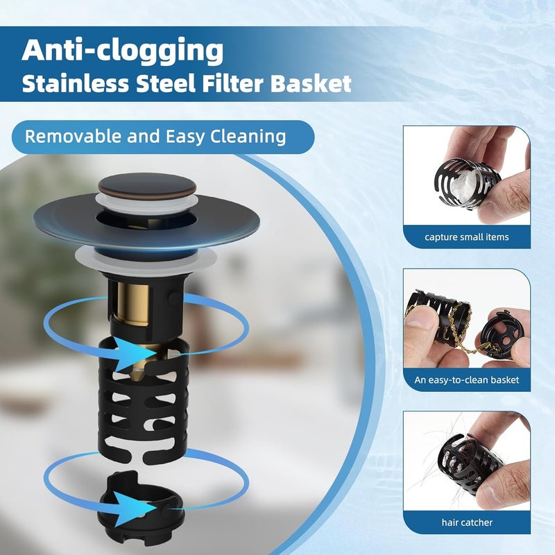 iFealClear Upgraded 4-in-1 Bathroom Sink Drain Strainer, Universal Pop Up Sink Stopper with 2-Layer Detachable Hair Catcher Filter Basket, Drain Stopper Fit 1.1"-2.36" US Basin, Oil Rubbed Bronze - Image 5