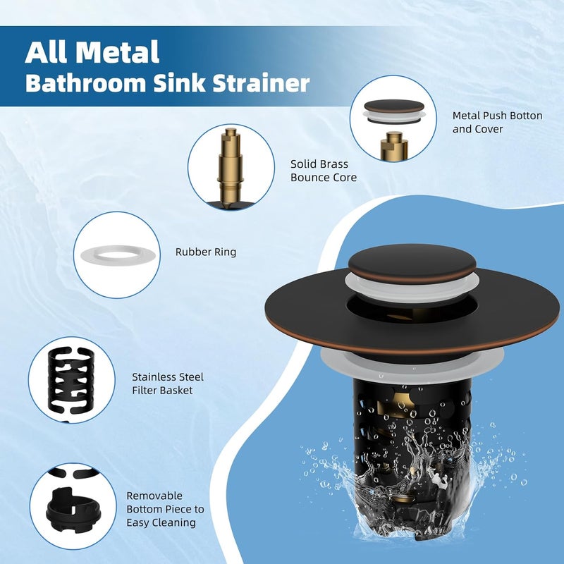 iFealClear Upgraded 4-in-1 Bathroom Sink Drain Strainer, Universal Pop Up Sink Stopper with 2-Layer Detachable Hair Catcher Filter Basket, Drain Stopper Fit 1.1"-2.36" US Basin, Oil Rubbed Bronze - Image 2