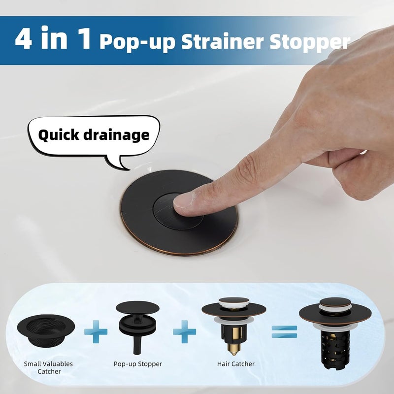 iFealClear Upgraded 4-in-1 Bathroom Sink Drain Strainer, Universal Pop Up Sink Stopper with 2-Layer Detachable Hair Catcher Filter Basket, Drain Stopper Fit 1.1"-2.36" US Basin, Oil Rubbed Bronze - Image 4