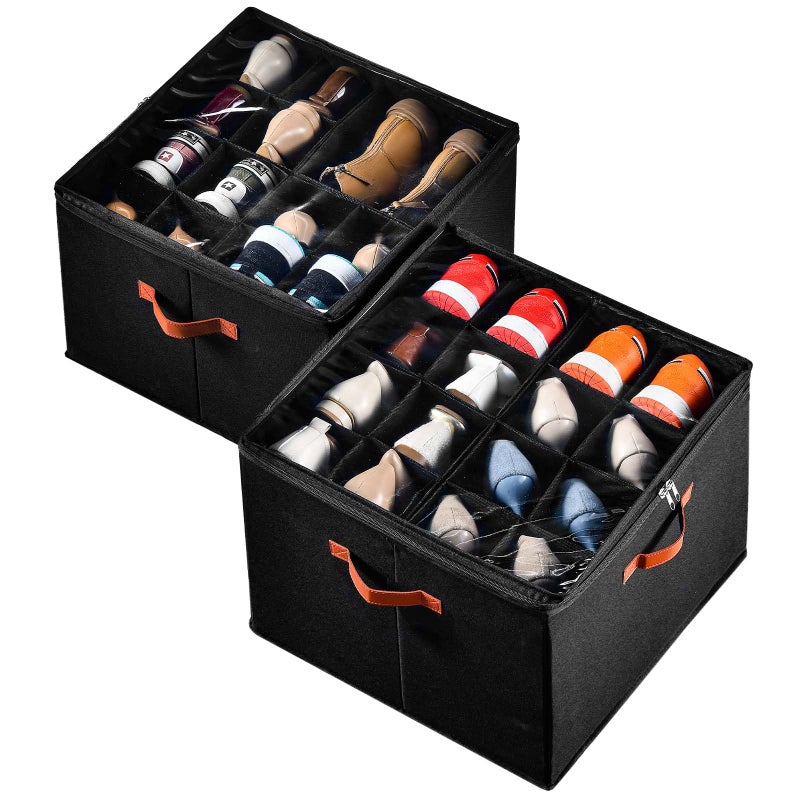 INSTY 2 Pack Shoe Organizer for Closet Fits up to 32 Pairs Adjustable Dividers for Shoe Storage SpaceSaving Shoe Bins and Clear Top Black