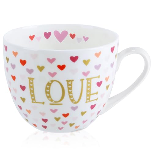 MFoffice LOVE Heart Coffee Mug - 20 oz Bone China Mugs with Gold LOVE Design and Colorful Hearts, Perfect Gifts for Mom Women Mothers Day, Designed in England by Harvest Green Studio - Image 1