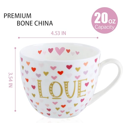 MFoffice LOVE Heart Coffee Mug - 20 oz Bone China Mugs with Gold LOVE Design and Colorful Hearts, Perfect Gifts for Mom Women Mothers Day, Designed in England by Harvest Green Studio - Image 2