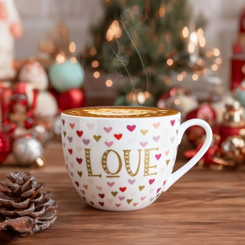 MFoffice LOVE Heart Coffee Mug - 20 oz Bone China Mugs with Gold LOVE Design and Colorful Hearts, Perfect Gifts for Mom Women Mothers Day, Designed in England by Harvest Green Studio - Image 5