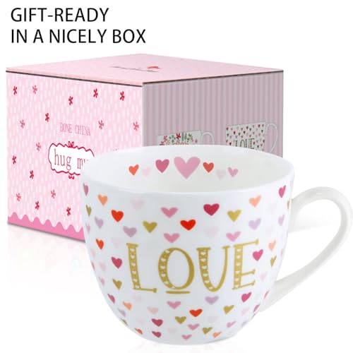 MFoffice LOVE Heart Coffee Mug - 20 oz Bone China Mugs with Gold LOVE Design and Colorful Hearts, Perfect Gifts for Mom Women Mothers Day, Designed in England by Harvest Green Studio - Image 3