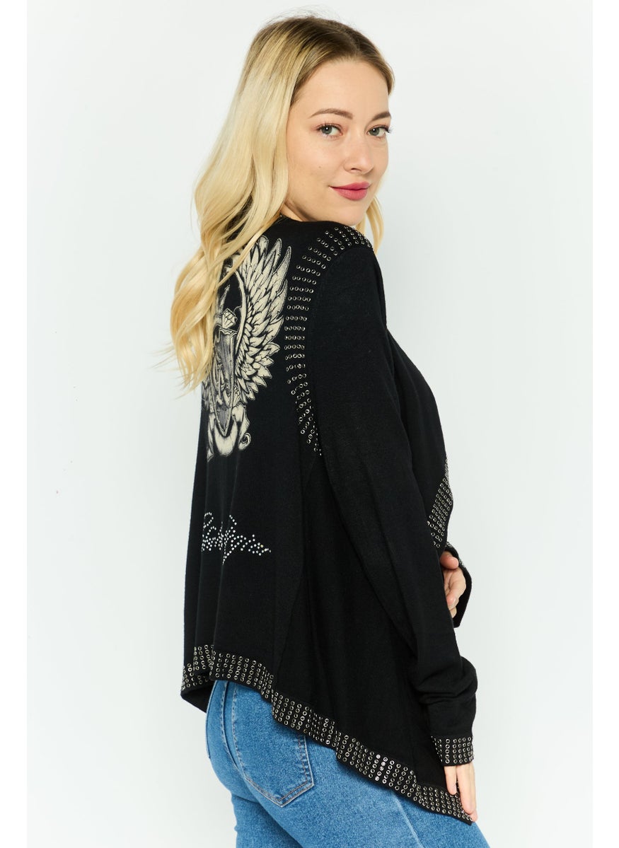 Women Split Neck Graphic Print Cardigan, Black Combo - pzsku/ZE4FDACEB0571F2FE38CDZ/45/_/1737728357/02ef9094-181f-47cd-b0a5-e265c94b75b2