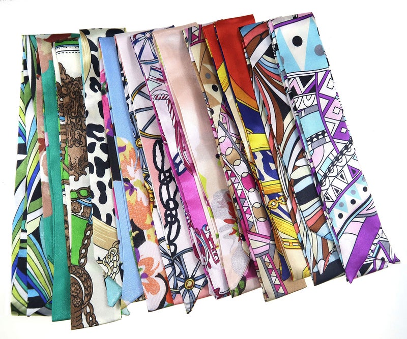 LilMents 12 Mixed Designs Satin Head Hair Handbag Handle Highlights Scarf Tie Lot (Set F) - Image 2