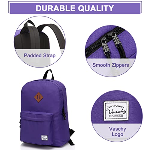 VASCHY Lightweight Backpack for School, Classic Basic Water Resistant Casual Daypack for Travel with Bottle Side Pockets (Purple) - Image 4