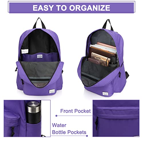 VASCHY Lightweight Backpack for School, Classic Basic Water Resistant Casual Daypack for Travel with Bottle Side Pockets (Purple) - Image 3