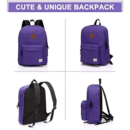 VASCHY Lightweight Backpack for School, Classic Basic Water Resistant Casual Daypack for Travel with Bottle Side Pockets (Purple) - Image 5