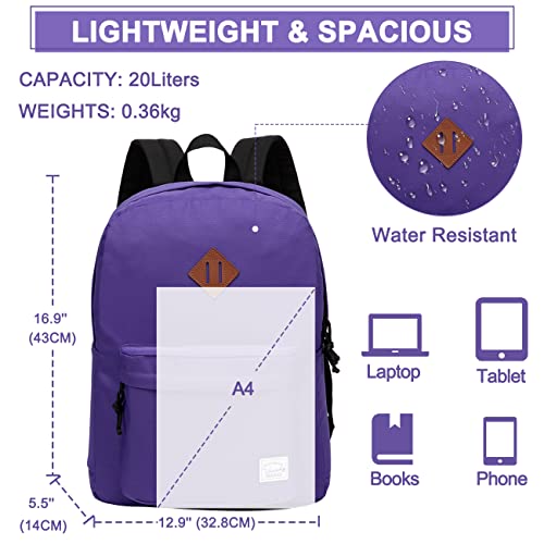 VASCHY Lightweight Backpack for School, Classic Basic Water Resistant Casual Daypack for Travel with Bottle Side Pockets (Purple) - Image 2